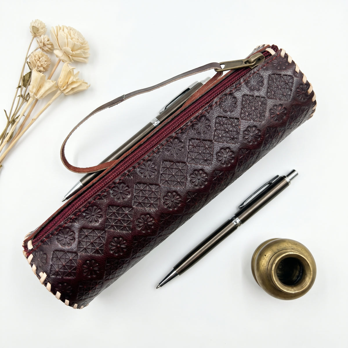 RAQZ Barrel Pouch — hand-stamped horse leather from Rajasthan, front view