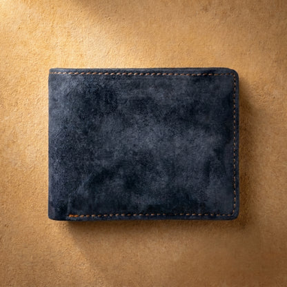 RAQZ Navy Bifold Wallet — handcrafted suede leather from Rajasthan, front view