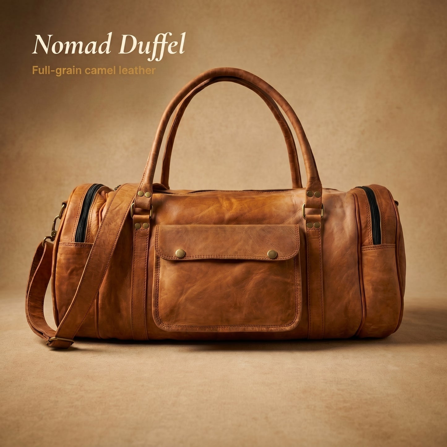 RAQZ Nomad Duffel — handcrafted full-grain camel leather from Rajasthan, front view
