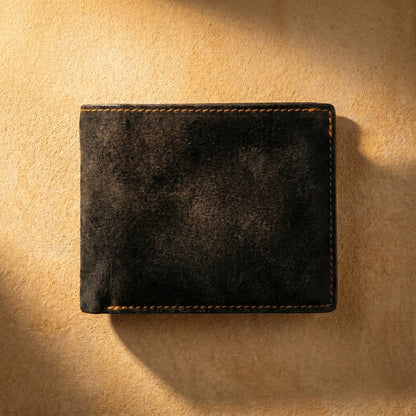 RAQZ Onyx Bifold Wallet — handcrafted suede leather from Rajasthan, front view