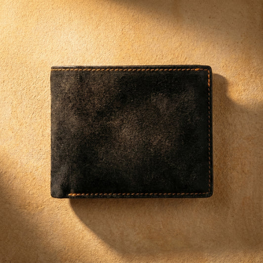 RAQZ Onyx Bifold Wallet — handcrafted suede leather from Rajasthan, front view