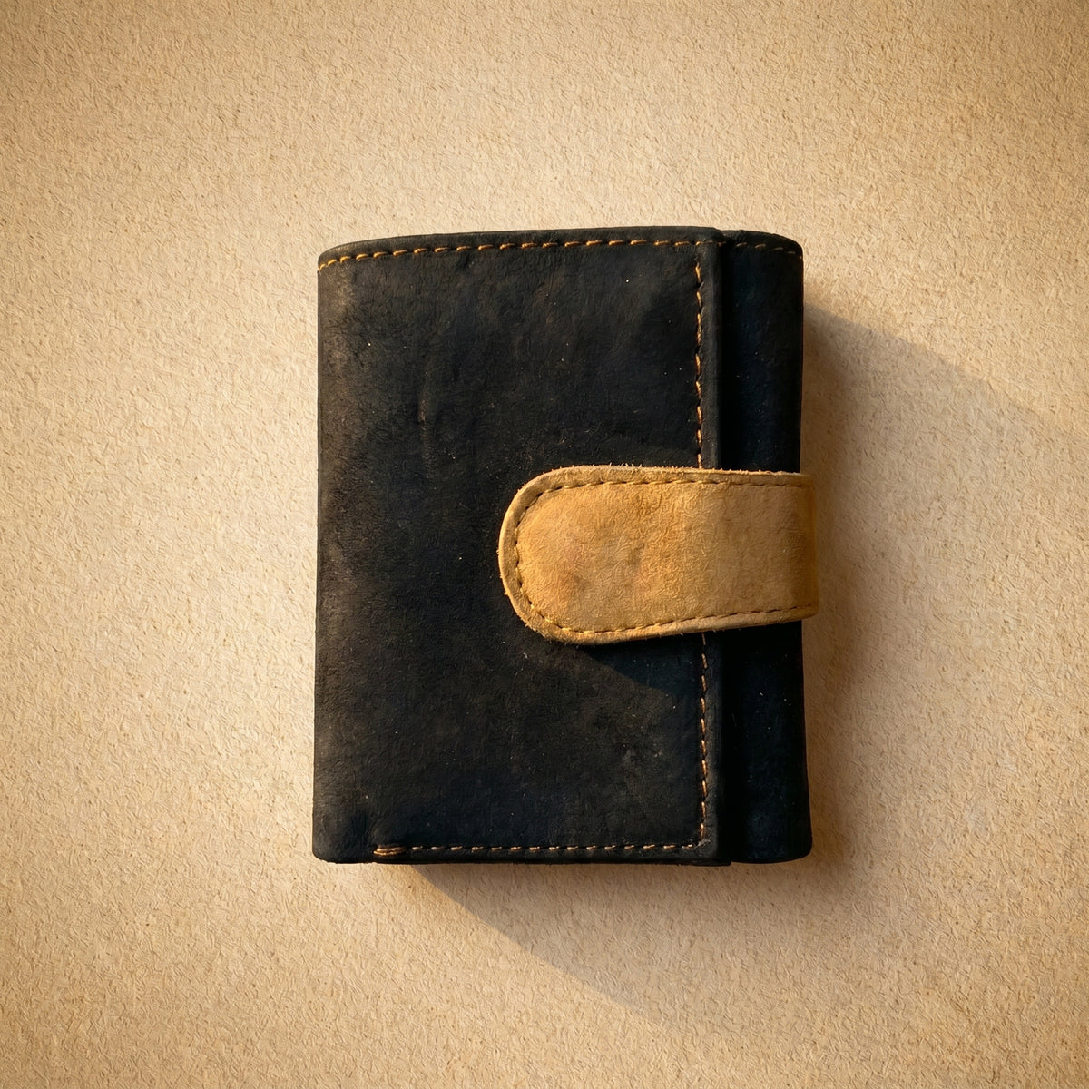RAQZ Onyx Trifold Wallet — handcrafted suede leather from Rajasthan, overhead view