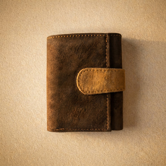 RAQZ Coffee Trifold Wallet — handcrafted suede leather from Rajasthan, overhead view