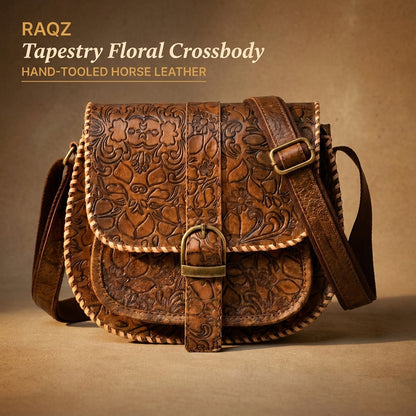 RAQZ Tapestry Floral Crossbody Bag — hand-tooled horse leather from Rajasthan, front view