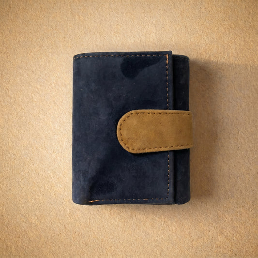 RAQZ Navy Trifold Wallet — handcrafted suede leather from Rajasthan, front view