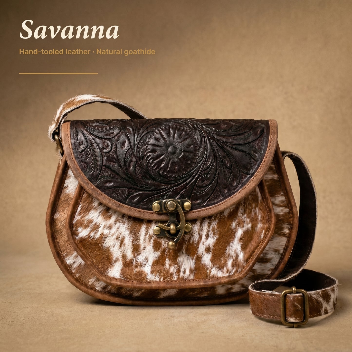 RAQZ Savanna Crossbody Bag — handcrafted goat leather from Rajasthan, hand-tooled flap, front view