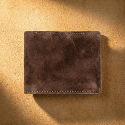 RAQZ Coffee Bifold Wallet — handcrafted suede leather from Rajasthan, front view