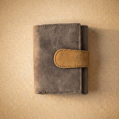 RAQZ Grey Trifold Wallet — handcrafted suede leather from Rajasthan, front view