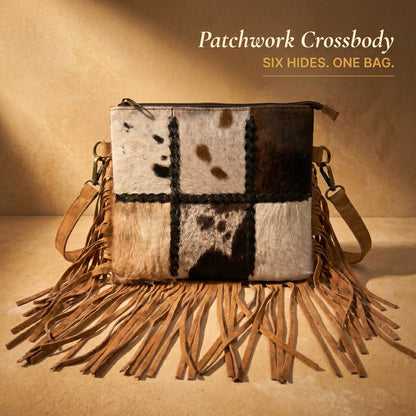 RAQZ Bohemian Crossbody Bag — six-panel hair-on goat leather patchwork from Rajasthan