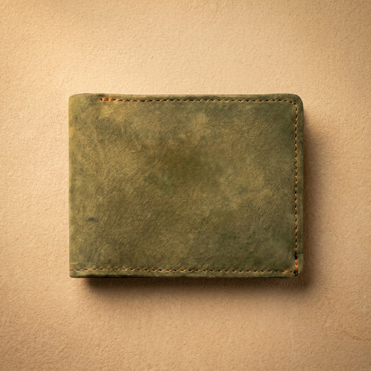 RAQZ Olive Bifold Wallet — handcrafted suede leather from Rajasthan, front view