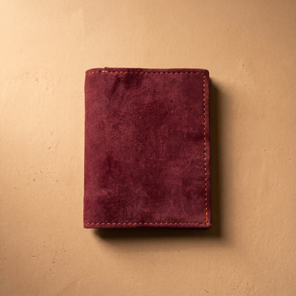 RAQZ Burgundy Atlas Card-Holder — handcrafted suede leather from Rajasthan, front view