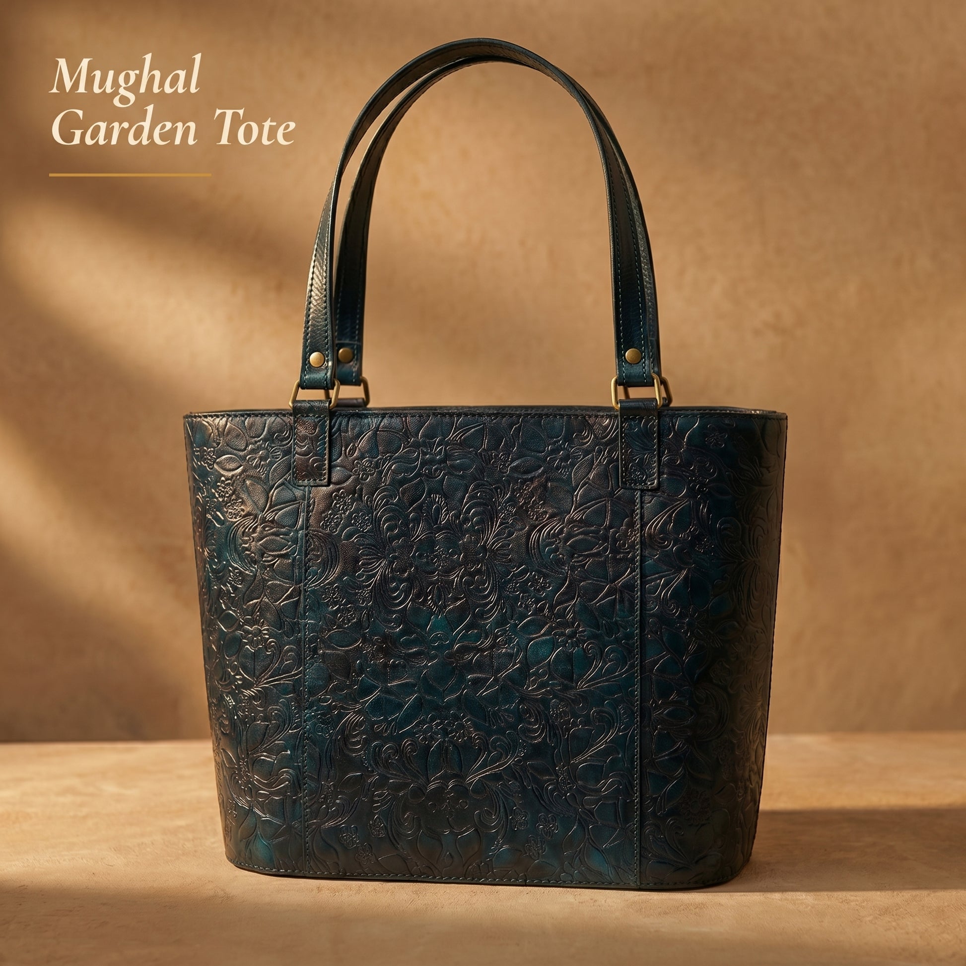 RAQZ Forest Ink Mughal Garden Tote — hand-tooled full-grain leather from Rajasthan, front view
