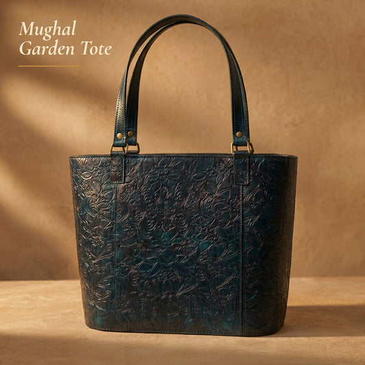 RAQZ Forest Ink Mughal Garden Tote — hand-tooled full-grain leather from Rajasthan, front view