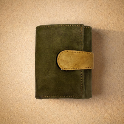 RAQZ Olive Trifold Wallet — handcrafted suede leather from Rajasthan, overhead view
