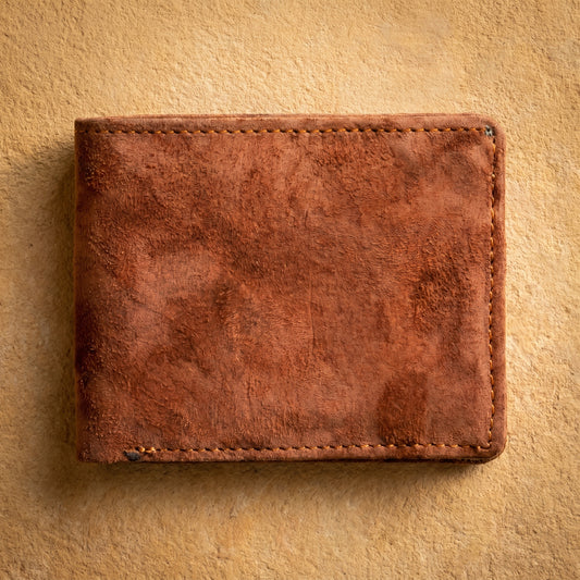RAQZ Chestnut Brown Bifold Wallet — handcrafted suede leather from Rajasthan, front view