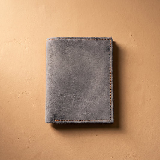 RAQZ Grey Atlas Card-Holder — handcrafted suede leather from Rajasthan, front view
